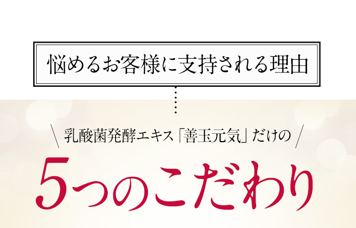 悩めるお客様に指示される理由 乳酸菌発酵エキス「善玉元気」だけの5つのこだわり